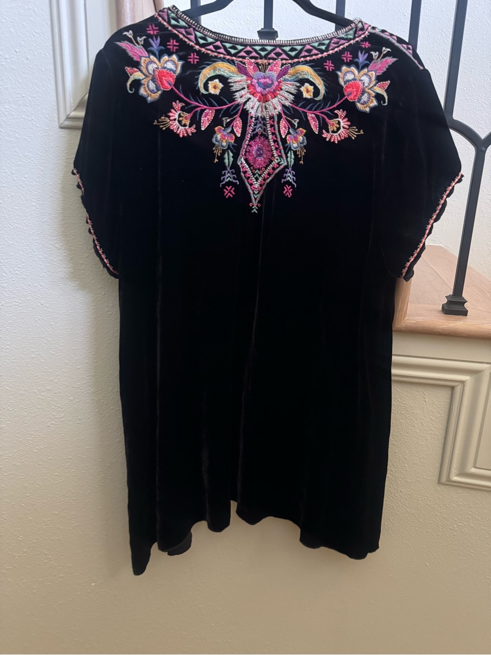 Johnny Was Loana Velvet V-Neck Tunic in Deep Plum with Multicolor Embroidery - Picture 3 of 5